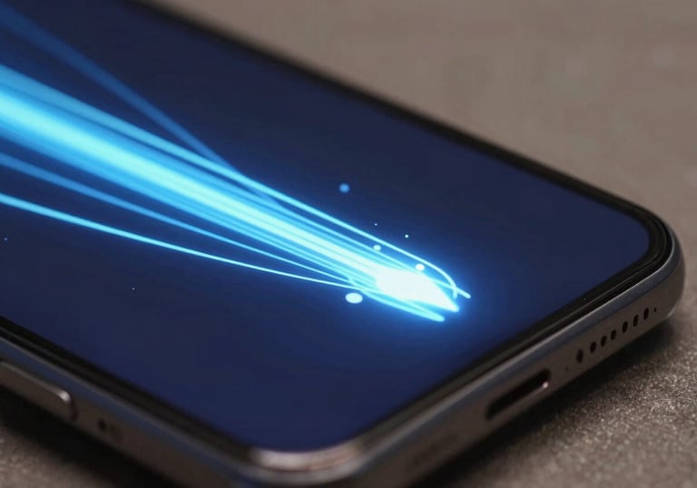 A macro photograph of an Android device showing glowing abstract light trails in dark blue and light blue, representing digital speed and innovation.
