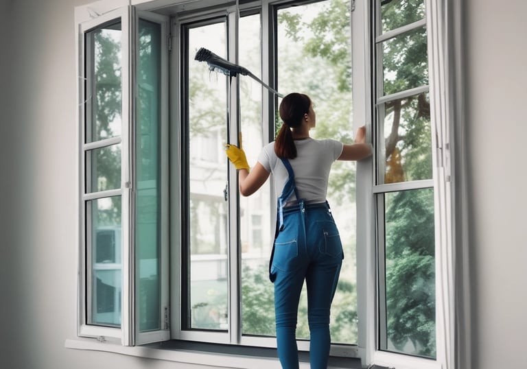 Worker washing large office windows using soft wash technique on a sunny day.