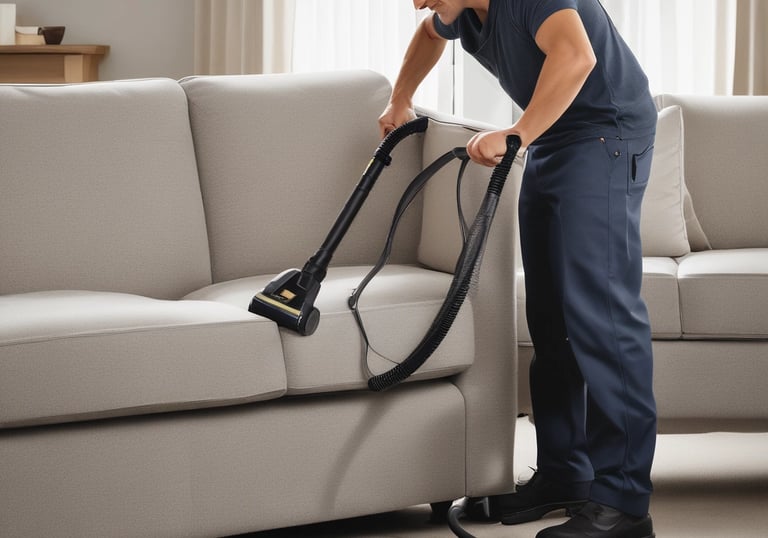 Close-up of a technician cleaning a sofa upholstery with a professional machine.