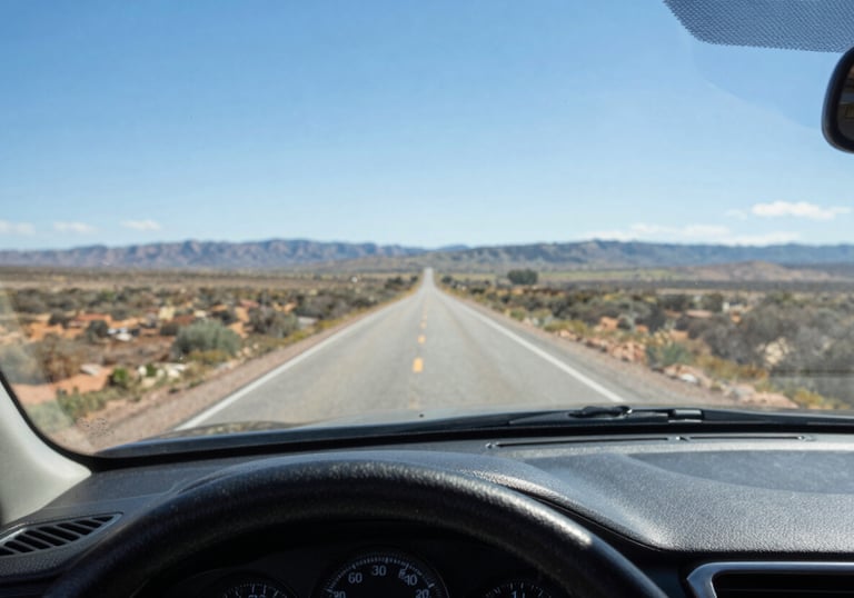 Detailed shot of a car dashboard viewed through a flawlessly installed, crystal-clear windshield. The North American / US landscape ahead is sharp, under a bright sky blue atmosphere.