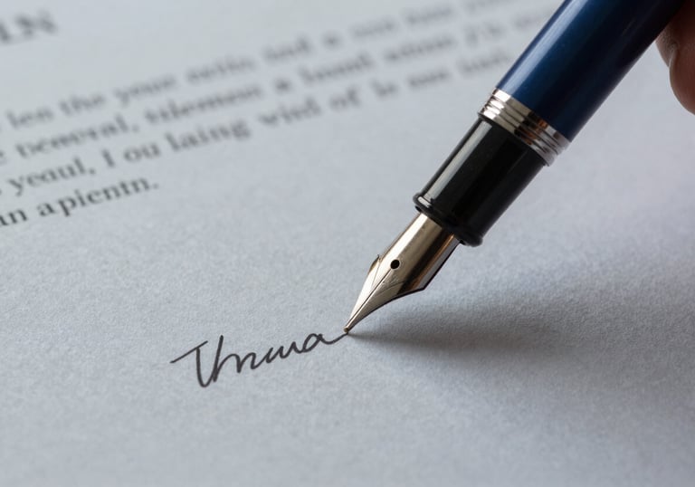 Macro shot of a high-quality fountain pen signing a legal document. Dark slate blue ink on light smoke grey premium paper. Professional and decisive mood.