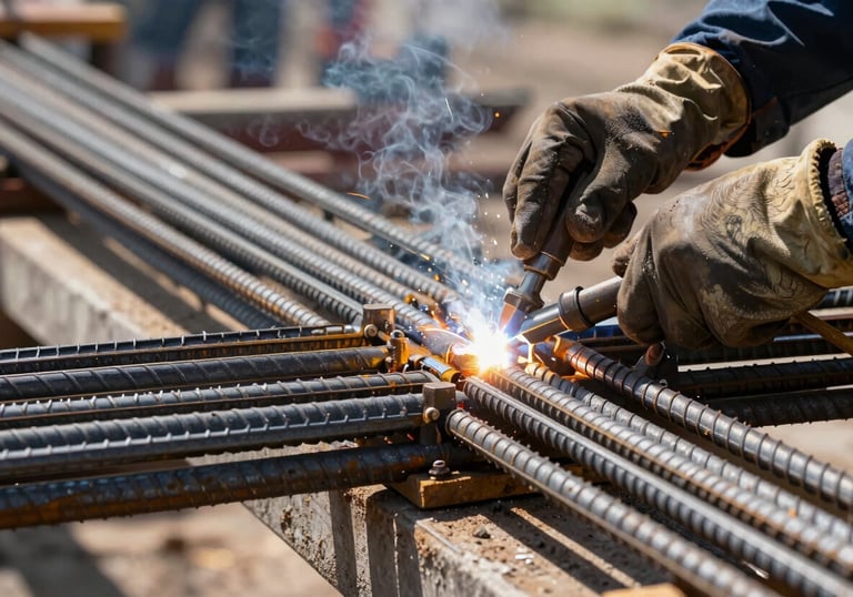 A close-up of high-quality industrial steel rebar and professional welding on a bridge section in a Latin American / Mexican project site.