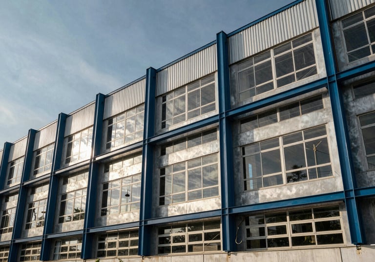 Modern South American / Brazilian industrial building exterior with energy-efficient windows and steel blue architectural details under a clear sky.