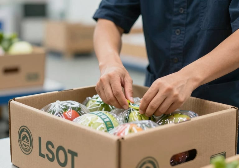 A close-up of high-quality export packaging. A person in professional gear is sealing a branded box filled with neatly packed produce. The lighting is bright and clean, emphasizing hygiene and the modern infrastructure of the trading business.