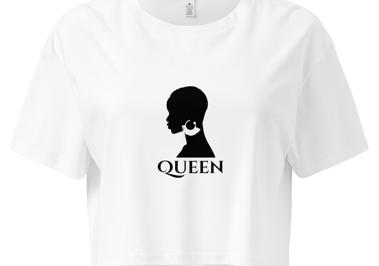White women's crop top featuring a black silhouette of a woman with the word QUEEN.