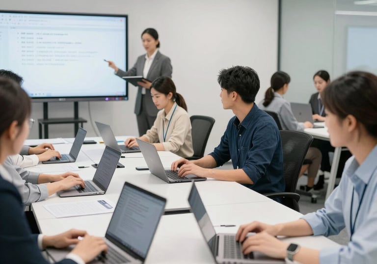 A busy call centre with employees using AI-powered software to enhance customer service.