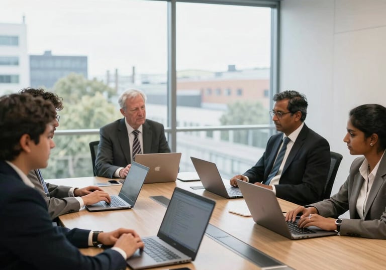 A focused team in a modern office meeting room, collaborating over AI strategy plans.