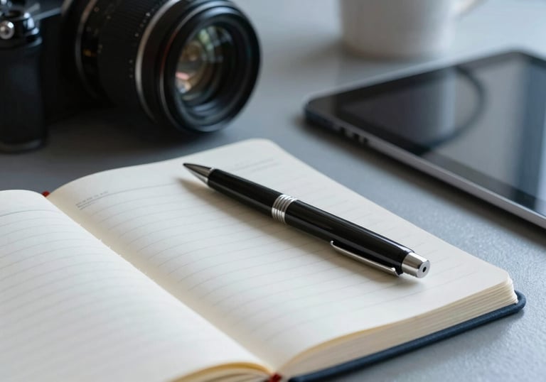 An organized desk featuring a notebook, a sleek pen, and a tablet, all in a professional environment with steel blue highlights.