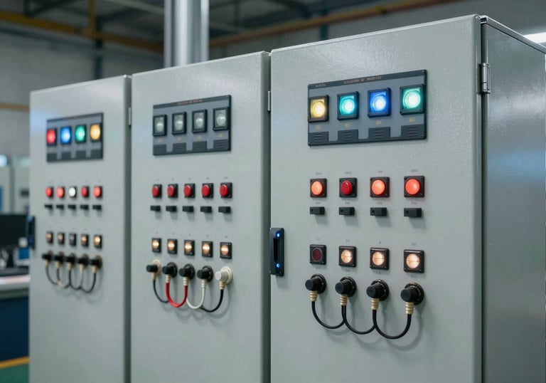 A sleek, modern industrial automation control panel with organized wiring and indicators, mounted in a Turkish / Anatolian manufacturing facility, soft steel blue lighting accents.