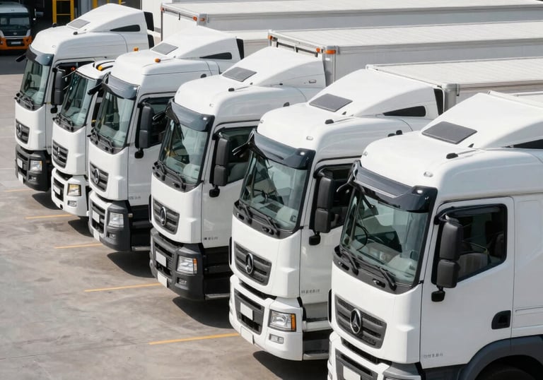 A fleet of modern white cargo trucks parked in a perfectly aligned row at a distribution center, daylight, clean and professional transport management, International / Global.