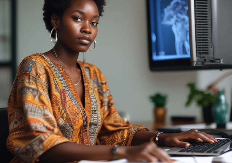 African businesswoman presenting marketing strategy on digital tablet in modern office.