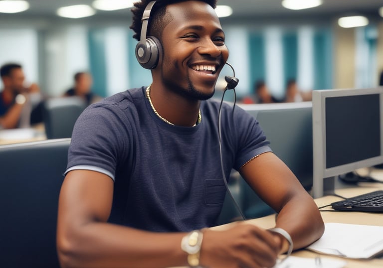 African call center agents engaging with customers using headsets in vibrant office.