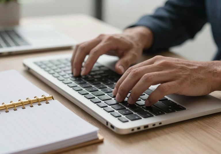 Close-up of hands typing on a modern keyboard next to a elegant gold-trimmed planner, bright and airy Brazilian office environment.