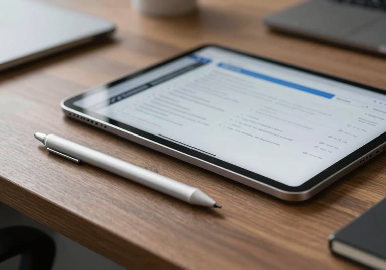 Close up of a premium executive desk in a North American office, featuring a sleek silver stylus and a high-resolution tablet displaying a clean dashboard interface.
