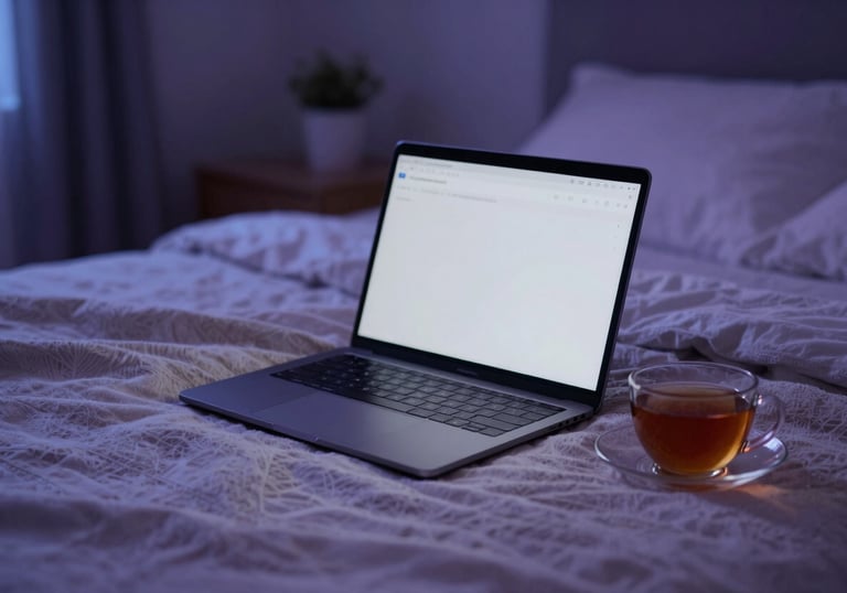 An inviting photograph of a laptop open on a soft blanket with a cup of tea nearby, in a cozy North American bedroom at night. Soft lavender and midnight blue lighting.
