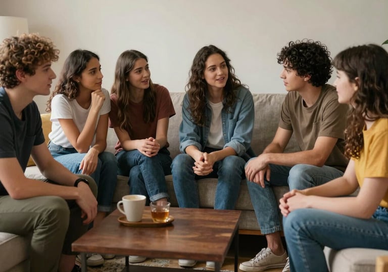 A group of friends sitting together on comfortable sofas in a North American living room, engaged in a heartfelt conversation. The lighting is soft and empathetic.