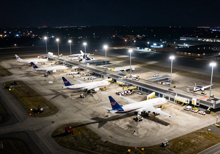 An aerial night photograph of a cargo airport hub in North America, with bright white stadium lights illuminating transport planes and loading vehicles on the tarmac.