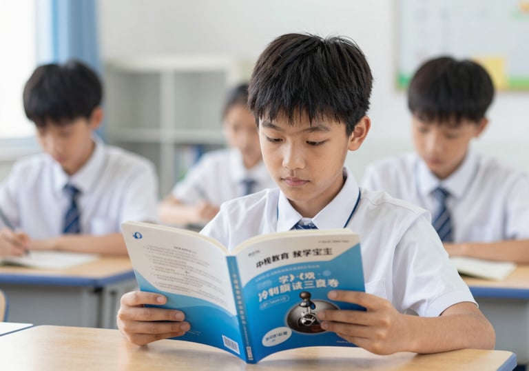 A photograph of a focused middle school student studying with a modern science textbook. Clean composition, professional lighting, with #3C5A6C accents.