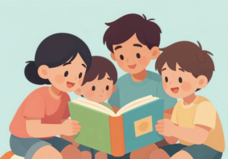 A vibrant and approachable illustration of young children interacting with a colorful storybook. Warm, soft lighting with #9EB7C2 and #EBF2F6 background colors.