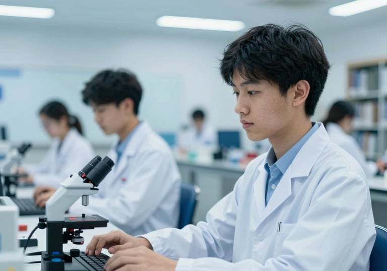 A secondary student in a high-tech school lab or library environment. Modern, high-contrast lighting using #0A1C2C and #EBF2F6.