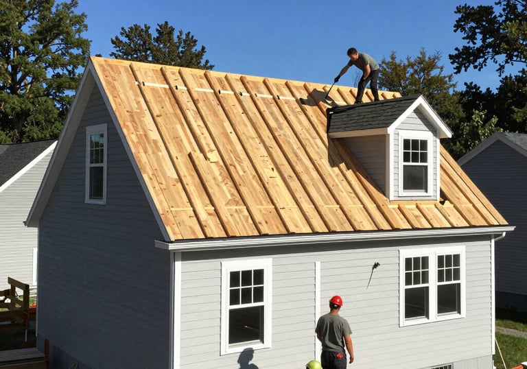 Close-up of hands inspecting roof shingles for wear and damage.