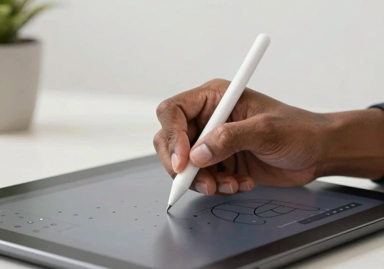 Close-up of a designer using a stylus on a digital tablet in a bright studio, representing expert digital marketing and creative services, South Asian / Global environment.