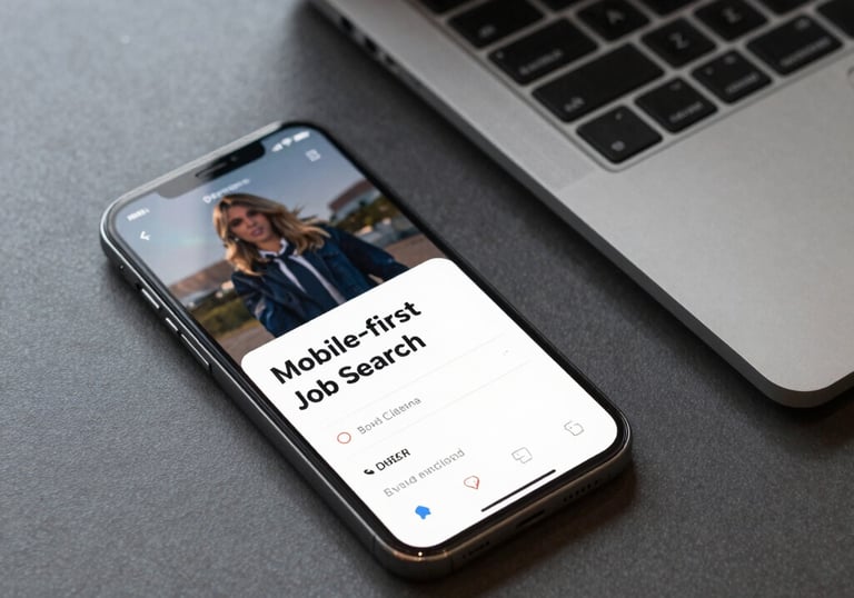 A high-angle shot of a smartphone and a sleek notebook on a modern desk, signifying a professional mobile-first job search and digital connectivity in a South Asian / Global context.