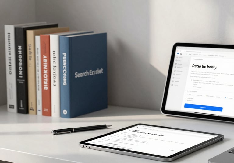 A minimalist home office setup in a South Asian / Global setting, featuring books on search engine optimization and a tablet showing a bright interface, captured in soft natural daylight.