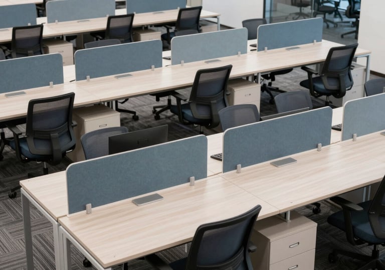 A high-angle photograph of a modern open-plan office workspace featuring rows of clean desks and ergonomic chairs in professional slate blue and white.