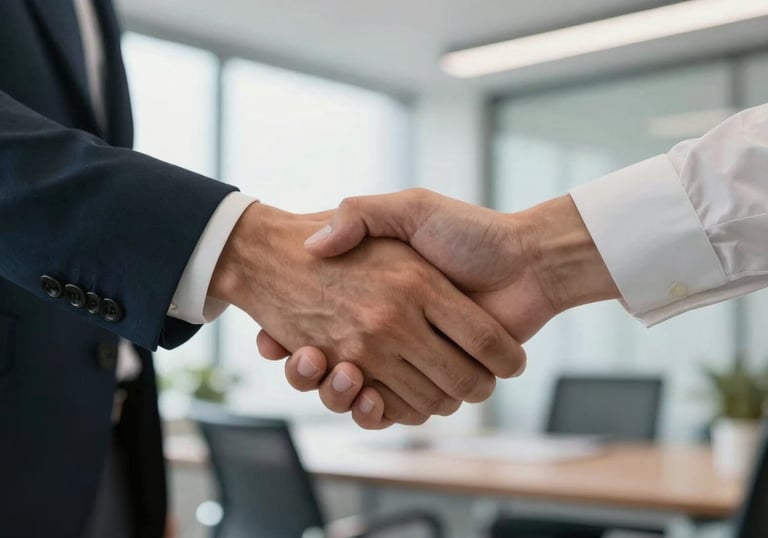 A close-up of a handshake between two professionals in a light-filled North American office, representing trust and a successful business partnership.