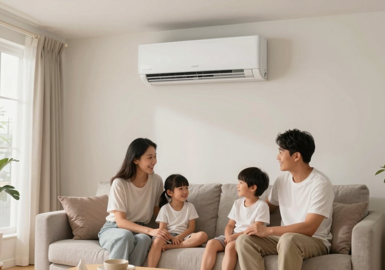 A peaceful family relaxing in a cool, comfortable modern living room in a North American home. Soft, bright lighting, emphasizing the relief provided by expert air conditioning.
