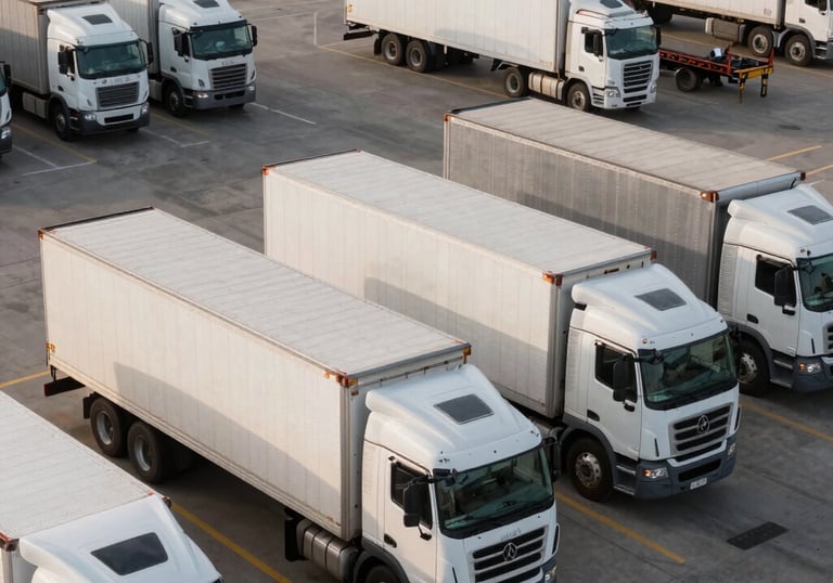 A wide-angle photograph of a bustling North American trucking terminal during the day, featuring several modern box trucks and flatbeds being staged for departure.