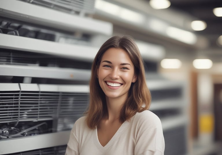 A friendly store employee assisting a customer with home appliances.
