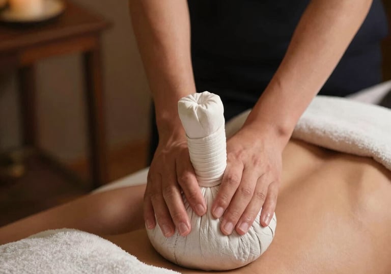 Therapist performing a Thai herbal compress massage on a client's back for relaxation and wellness