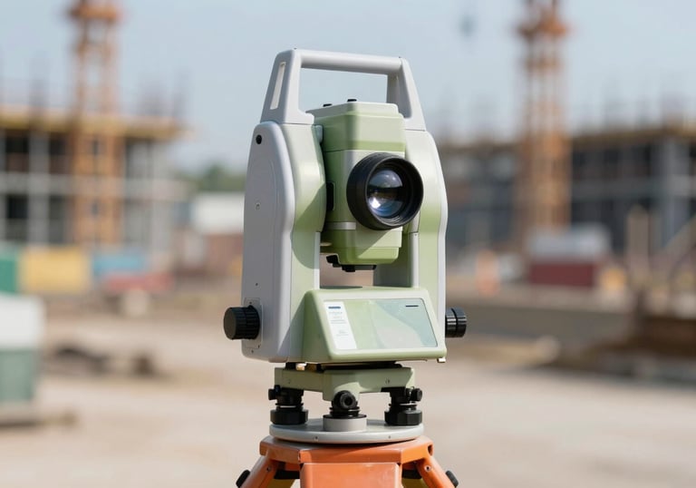 Close-up of a high-tech robotic total station used for surveying on a site. The equipment looks modern and precise. Sunlight glints off the lens. The background is a blurry construction site with #2C3E50 tones.