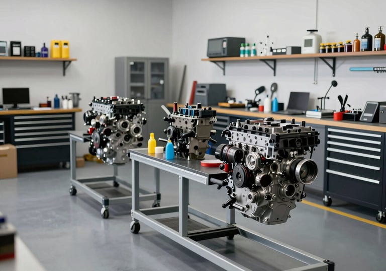 Wide shot of a modern, organized engine reconditioning workshop in Brazil. Clean grey floors, metallic structures, and organized tool racks.