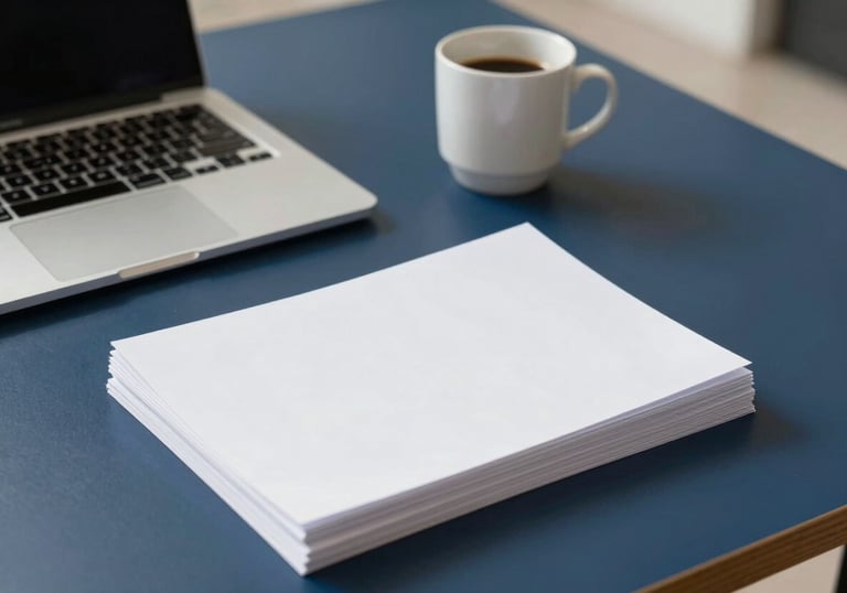 A minimalist workspace scene featuring a laptop, a coffee cup, and a stack of clean white paper on a navy blue desk. Soft shadows and bright lighting create a calm, focused professional atmosphere.