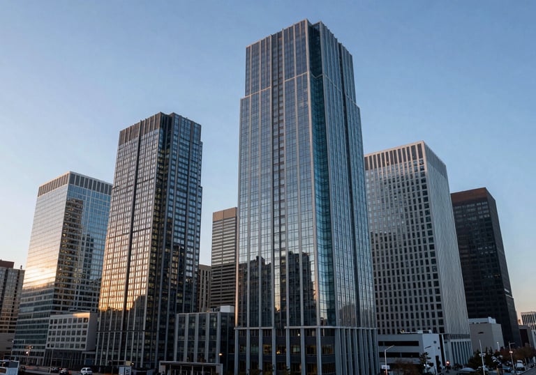 An architectural photography shot of a growing urban business district with modern glass skyscrapers under a clear North American sky, showing financial vitality.