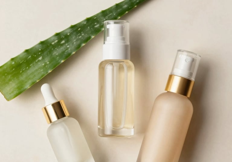 A serene flat lay of gentle cleansers and toners surrounded by sprigs of fresh herbs and soft green leaves.