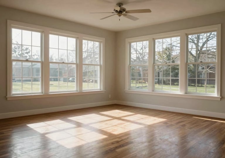 A photograph of a tidy, empty North American living room with large windows and sunlight, symbolizing a fresh start and a completed home sale.