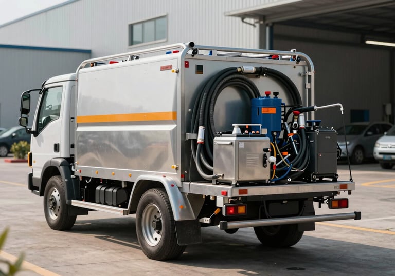 A professional pressure washing trailer unit with hoses and equipment, parked neatly in a clean North American / US industrial park setting.