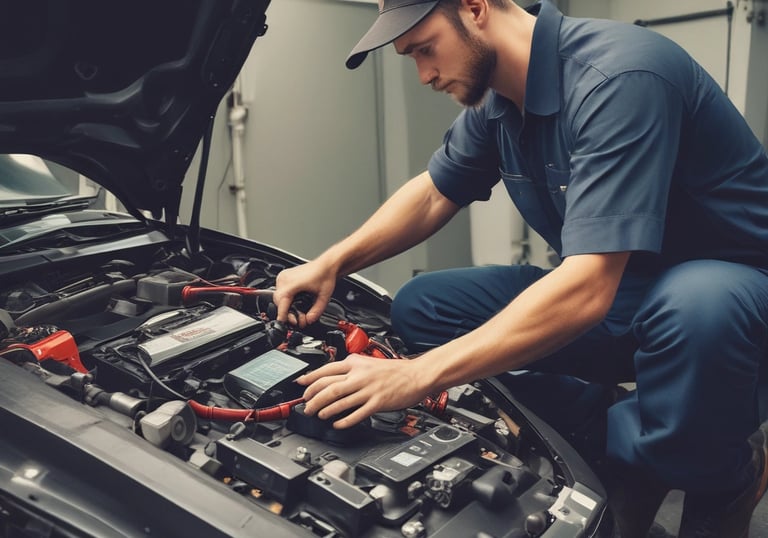 Close-up of a mobile mechanic changing a flat tire on a suburban street.