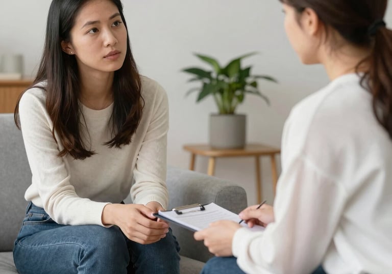 A professional coach attentively listening during a divorce consultation in a modern office setting.