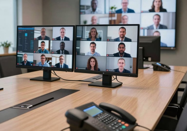 A professional conference room with high-end video conferencing equipment and IP phones, showing a modern tech-integrated business environment.