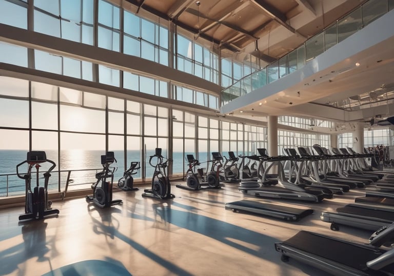 A bright, airy fitness center with people exercising using various gym equipment.