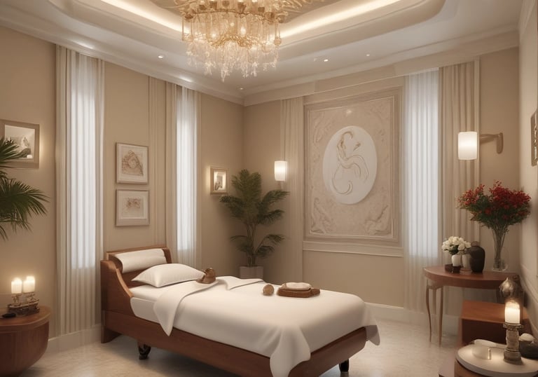 A serene spa room with soft lighting and a massage table ready for treatment.
