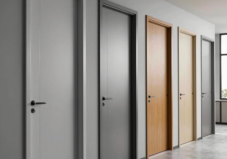 A photography of a series of modern, high-quality commercial doors in a corporate hallway, showing repetitive clean lines and a sophisticated aesthetic in light grey and amber tones.