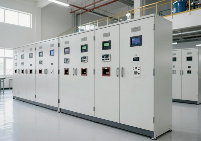 Wide shot of a modern industrial energy room with cabinets for power distribution, clean floor, South American architecture hints, bright white and gray color palette.