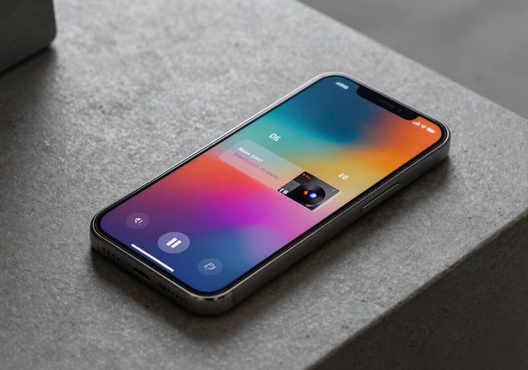 An elegant photograph of a smartphone displaying a colorful music album cover art. The phone is placed on a textured gray surface in a modern North American / US home. Lighting is soft, emphasizing clean lines and creative freedom.