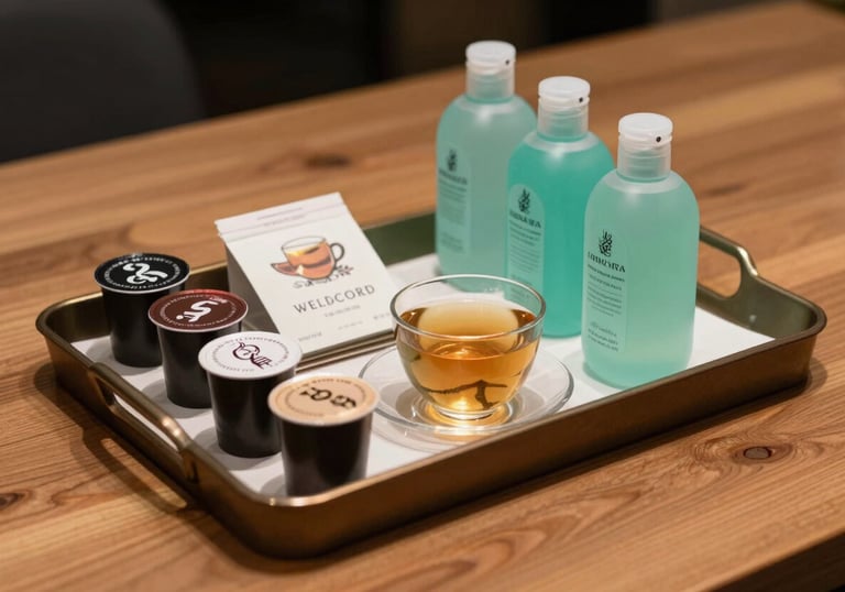 A hospitality welcome tray on a wooden table, featuring luxury coffee pods, artisanal tea, and small bottles of shampoo in ocean green bottles. The arrangement is elegant and professional, showing a high level of guest care.